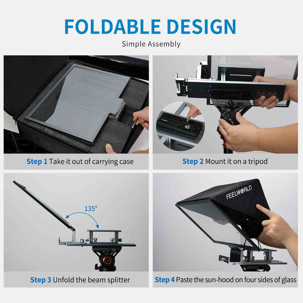 FEELWORLD TP16 Portable 16" Display Foldable Aluminum Teleprompter Autocue Screen with Wireless Control, Horizontal/Vertical Prompting & Supports up to 16" Tablets, Cameras & Camcorders for Live Streaming & Broadcast