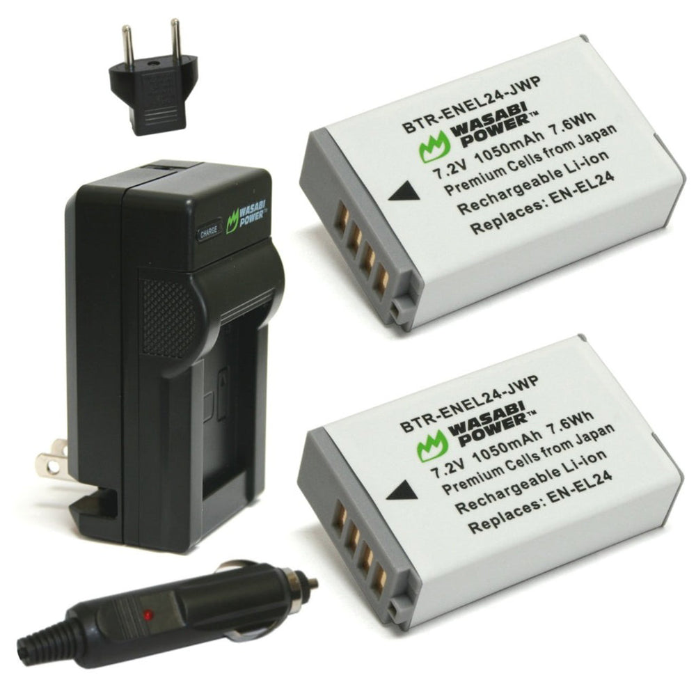 Wasabi Power EN-EL24 ENEL24 (2 Pack) 7.2V 1050mAh Battery and Battery Charger Kit with Power Indicator, Built-In Fold Out US Plug, Car Charger and Euro Plug Adapter for Nikon 1 J5, DL18-50, DL24-85 Camera