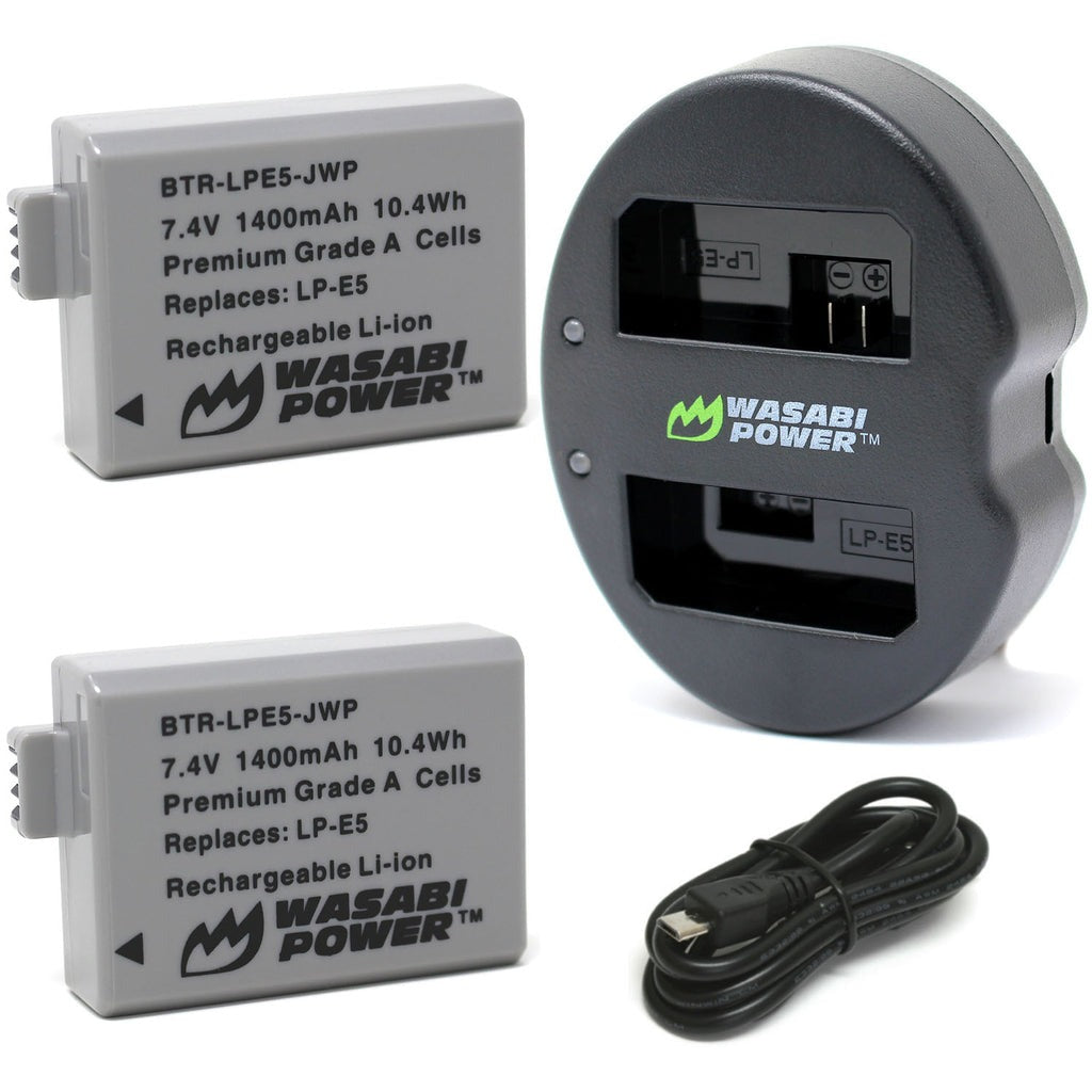 Wasabi Power Battery LP-E5 (2-Pack) E5 and Dual USB Charger for Canon LP-E5 and Canon EOS 450D, 500D, 1000D, Kiss F, Kiss X2, Kiss X3, Rebel XS, Rebel XSi, Rebel T1i LPE5  | JG Superstore
