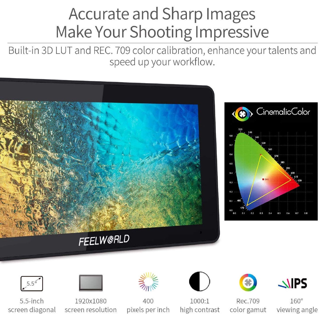 FEELWORLD F6 Plus 5.5 inch DSLR Camera Field Touch Screen Monitor with 3D Lut Small Full HD 1920x1080 IPS Video Peaking Focus Assist 4K HDMI 8.4V DC Input Output Include Tilt Arm