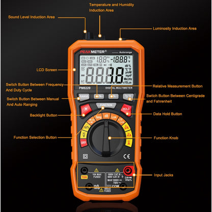 [CLEARANCE] PeakMeter PM8229 5 in 1 Auto Digital Multimeter With Multi-function Lux Sound Level Frequency Temperature Humidity Tester Meter