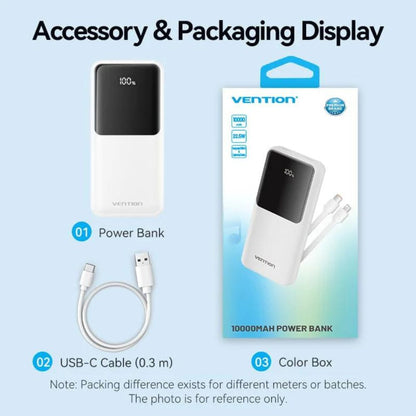 Vention 10000mAh 22.5W/PD 20W Fast Charge Power Bank with Built-In Type C & Lightning Charging Cable, 3-Port Output, Smart LED Digital Display for iPhone, iPad, Airpods, Android Smartphone, Tablet, Camera - White, Black