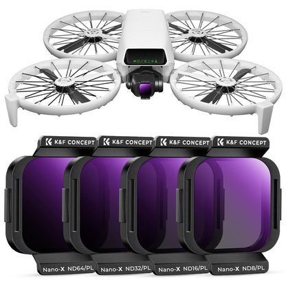 K&F Concept no-X Series UV Ultraviolet / PL Polarizer / ND8 16 32 64 Neutral Density Lens Filter with 28 Multi-Layer Coated Imported AGC Optical Glass and 3 to 6 Light Reduction Stops for DJI Flip Drone Photo / Video