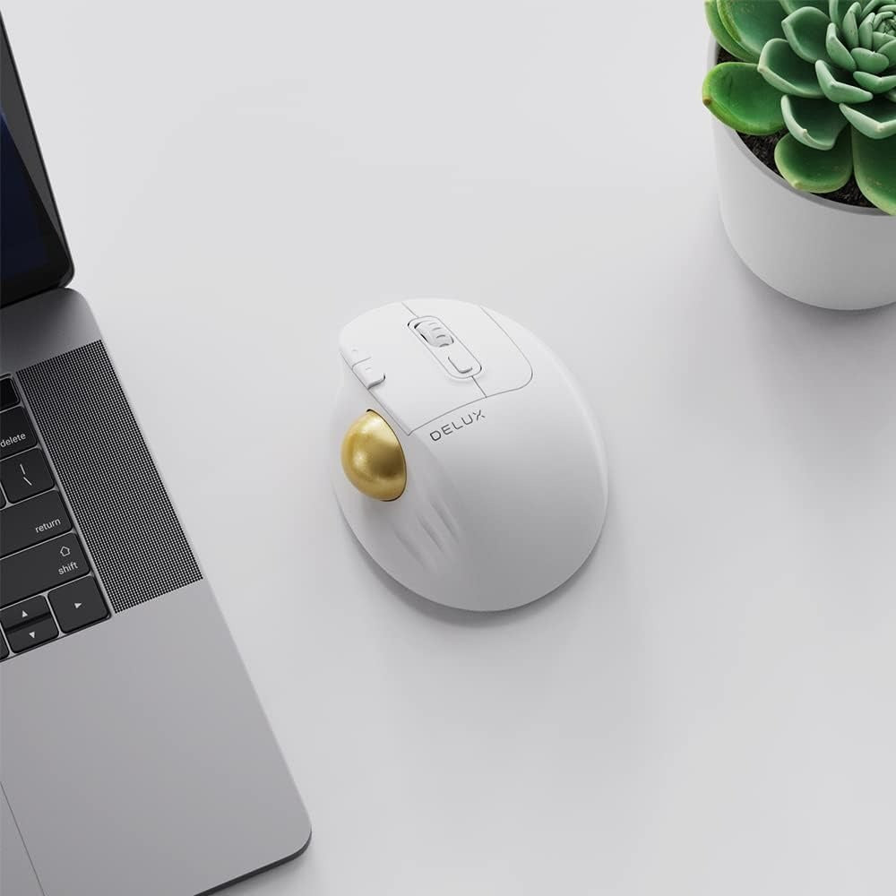 [CLEARANCE] Delux MT1 DB Bluetooth and 2.4 GHz Wireless Ergonomic Trackball Optical Mouse with 2400 DPI Resolution Sensor, Up to 6 Programmable Buttons, and Multi-Device Connectivity for PC and Laptop Computers, Phones, and Tablets - White - Color - White