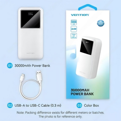 [CLEARANCE] Vention 30000mAh 22.5W/20W PD Fast Charging Power Bank with 3-Port Output, Smart LED Digital Display for iPhone, iPad, Airpods, Tablet, Android Smartphone, Smartwatch - Black, White