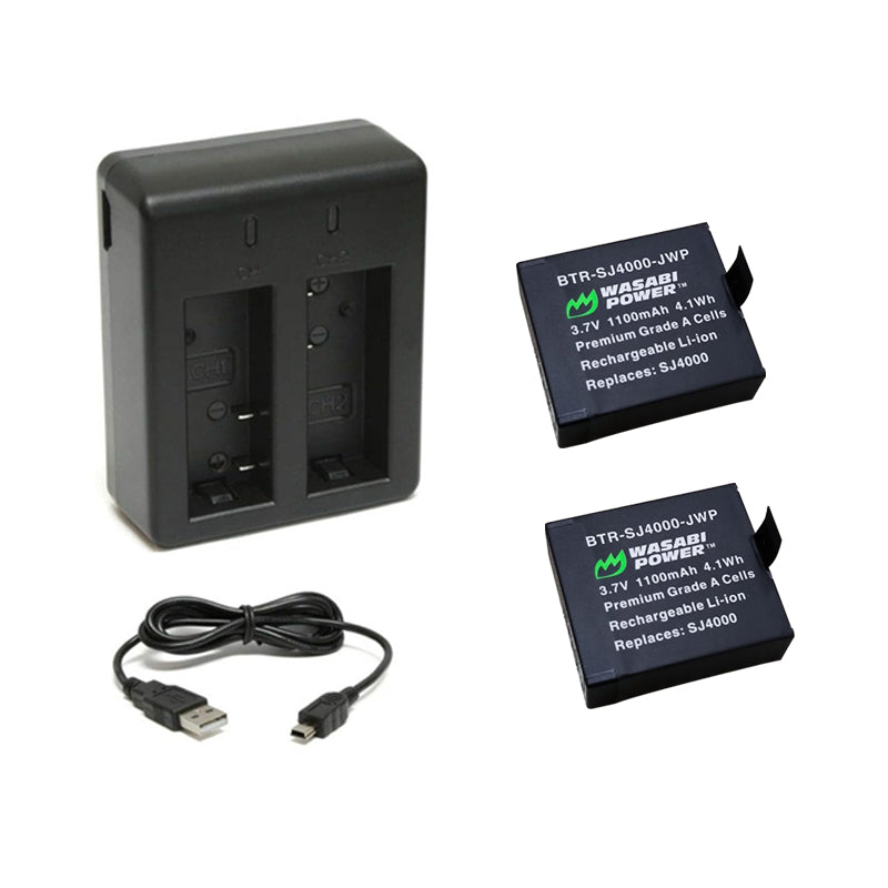 Wasabi Power SJCam (2 Pack) 3.7V 1100mAh Battery with USB Micro / Mini Dual Charger replaces GP137, PG900, PG1050 for SJ-4000 SJ5000, SJ6000 Action Camera | JG Superstore