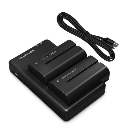 RAVPower NP-F550 Battery Charger and 2-Pack Rechargeable Li-ion Batteries for Sony NP F970, F750, F770, F960, F550, F530, F330, F570, CCD-SC55, TR516, TR716, TR818, TR910, TR917 and more (2-Pack Replacement Battery Kit, Dual Slot Charger)