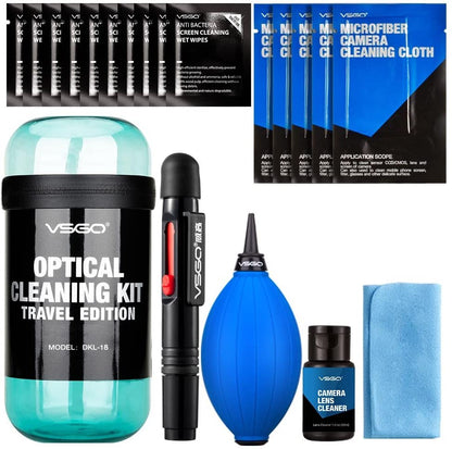 VSGO DKL-15B DSL Camera Lens Cleaning Kits: Lens Cleaner, Lens Cleaning Pen, Microfiber Cloth, Air Blower, Wet Wipe, Suede Screen Cleaning Cloth and Waterproof Bottle Container
