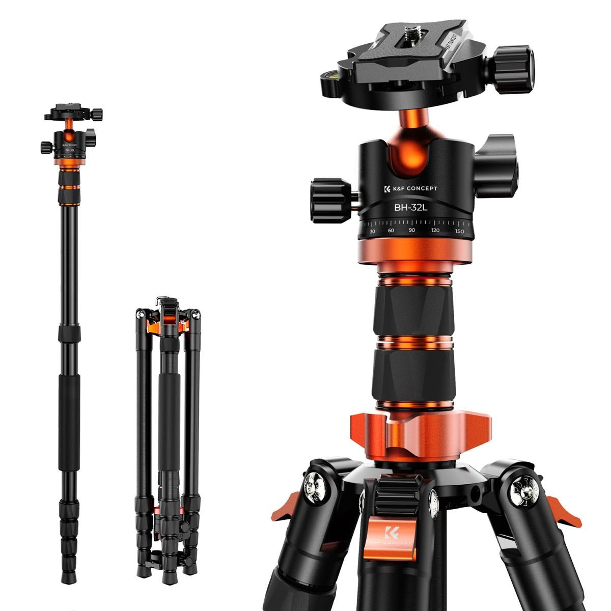 K&F Concept 360° Ball Head 5 / 4 / 3-Section Aluminum Tripod + Detachable Monopod with 12 / 10kg Maximum Load Capacity & 94" / 78" / 69" / 62" Height, 1/4" Threaded Mounts for DSLR Mirrorless Cameras