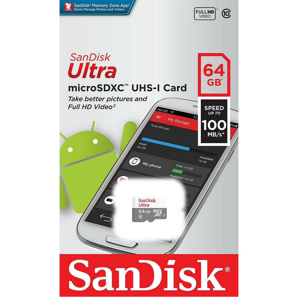 SanDisk Ultra Micro SD Card 64GB UHS-I SDXC Class 10 with 100MB/s Read Speed | Model - SDSQUNR-064G-GN3MN