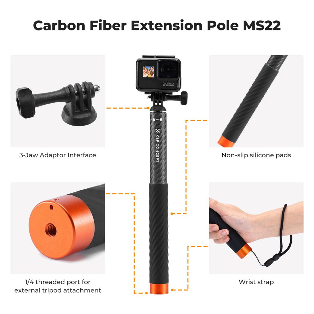 K&F Concept MS22 127cm / 50 inch Adjustable Extension Carbon Pole Invisible Selfie Stick Monopod with Wrist Strap for Insta360, GoPro, DJI Osmo Action Camera & Mobile Phone Holder