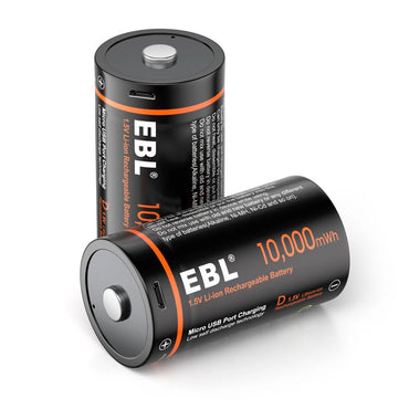 [CLEARANCE] EBL TB-1448 1.5V D Cell 10000mWh High-Performance Rechargeable Li-Ion Lithium Ion Battery with Built-In Micro USB Port for Portable and Emergency Electronics