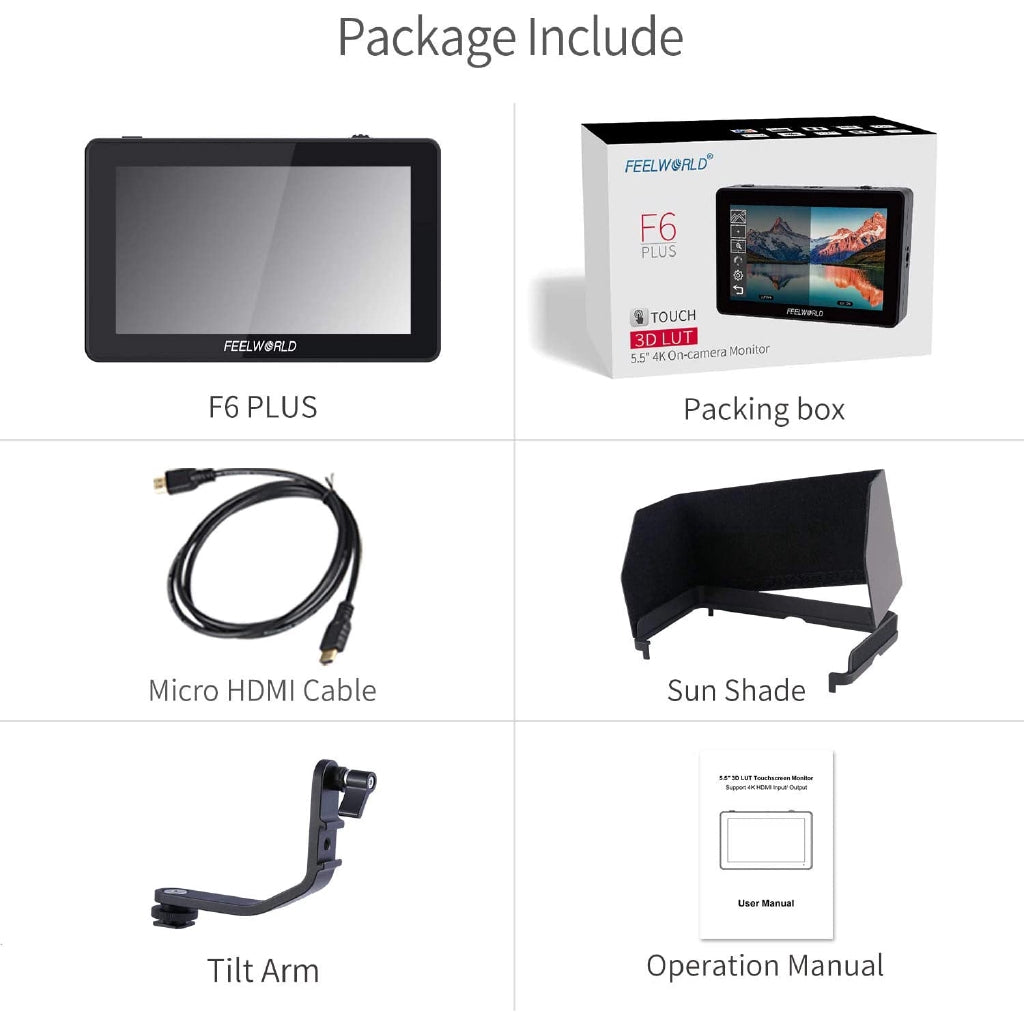 FEELWORLD F6 Plus 5.5 inch DSLR Camera Field Touch Screen Monitor with 3D Lut Small Full HD 1920x1080 IPS Video Peaking Focus Assist 4K HDMI 8.4V DC Input Output Include Tilt Arm