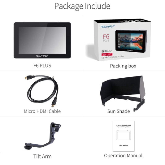FEELWORLD F6 Plus 5.5 inch DSLR Camera Field Touch Screen Monitor with 3D Lut Small Full HD 1920x1080 IPS Video Peaking Focus Assist 4K HDMI 8.4V DC Input Output Include Tilt Arm