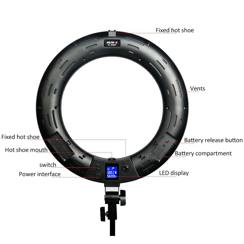 Viltrox VL-600T 45W Video LED Ring Light Photography Lamp Bi-Color Dimmable for Phones Camera and Studio