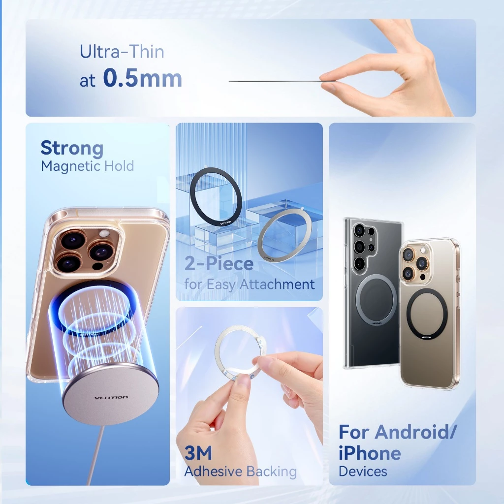 Vention 2-Pack Magnetic Ultra-Thin Metal Ring Stickers for MagSafe iPhone 16/15/14/13/12 Pro Max & Other Compatible Smartphone Device