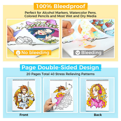 Ohuhu Double Sided Bleed Proof Coloring Book Pad with 20 Pages 40 Designs Top Spiral for Arts Crafts Kids Color Sketch
