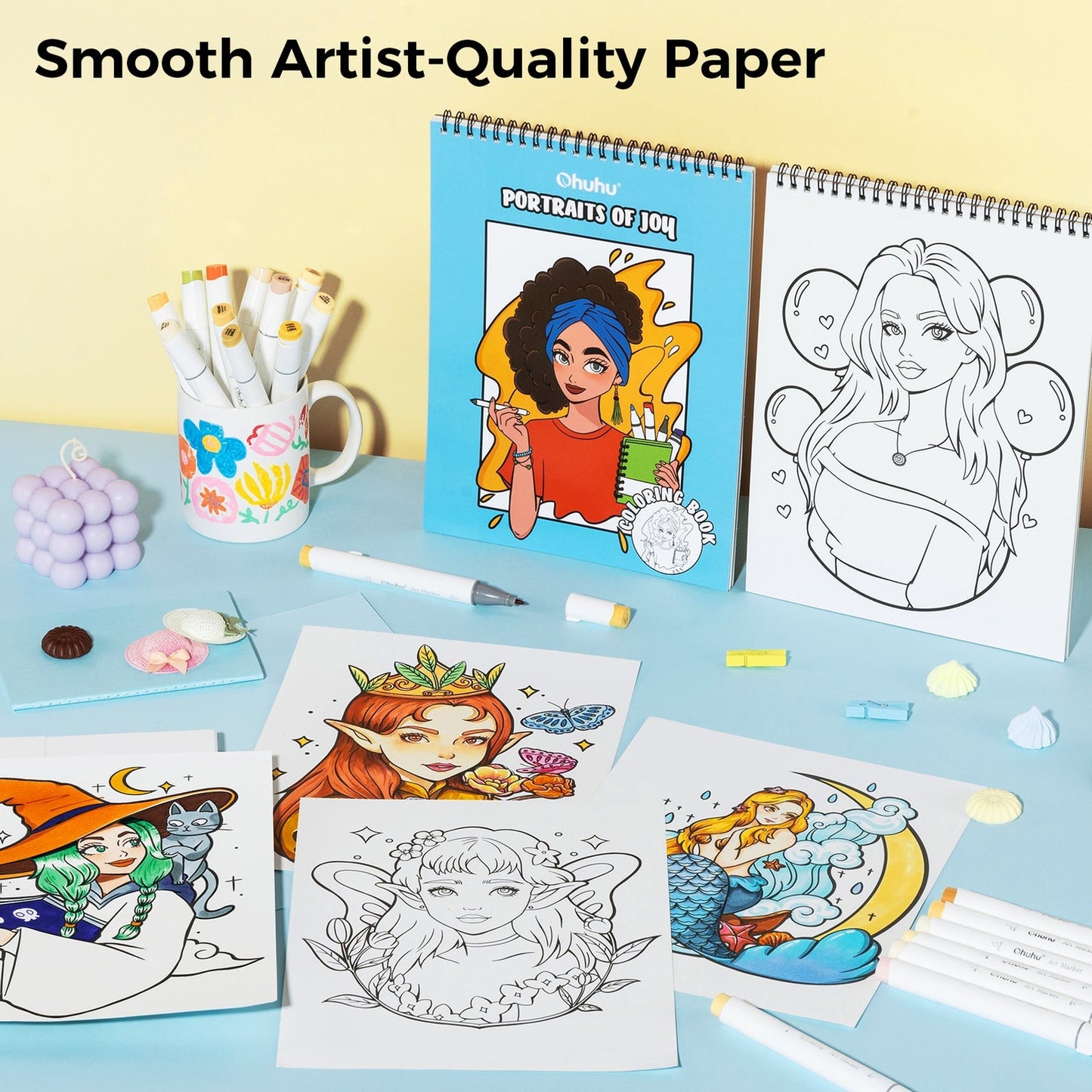 Ohuhu Double Sided Bleed Proof Coloring Book Pad with 20 Pages 40 Designs Top Spiral for Arts Crafts Kids Color Sketch