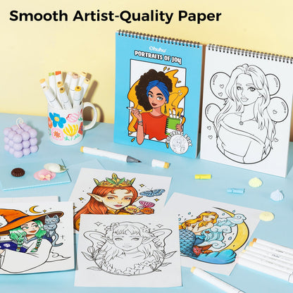 Ohuhu Double Sided Bleed Proof Coloring Book Pad with 20 Pages 40 Designs Top Spiral for Arts Crafts Kids Color Sketch