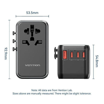 Vention 65W / 120W Multi-Port Universal Travel Adapter with GaN Fast Charging USB PD Ports, US/AU/UK/EU Male and Female Plugs for Smartphones, Tablet, Laptop etc.