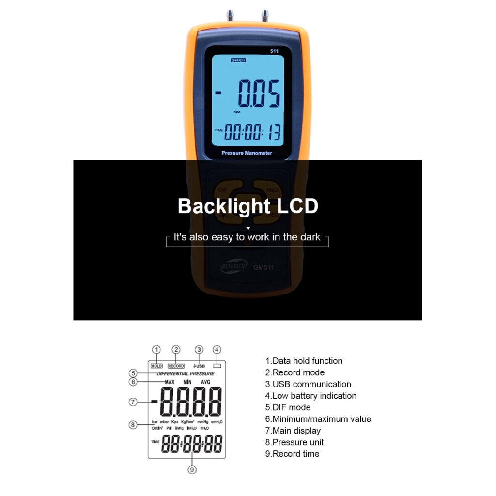 [CLEARANCE] Benetech GM511 Portable USB Digital LCD Pressure Gauge Differential Pressure Manometer Measuring Range 50kPa Pressure manometer