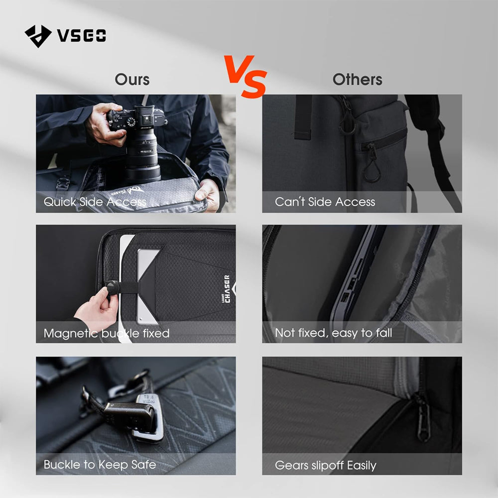 VSGO V-BP01 Black Snipe 20L Camera Backpack with FIDLOCK Magnetic Button, 15-inch Laptop Compartment, Anti-Theft Dock Zipper, Quick Access Side Pockets for Tablet, Drones, Tripod, Lens, DSLR/SLR, Mirrorless Camera & Accessories