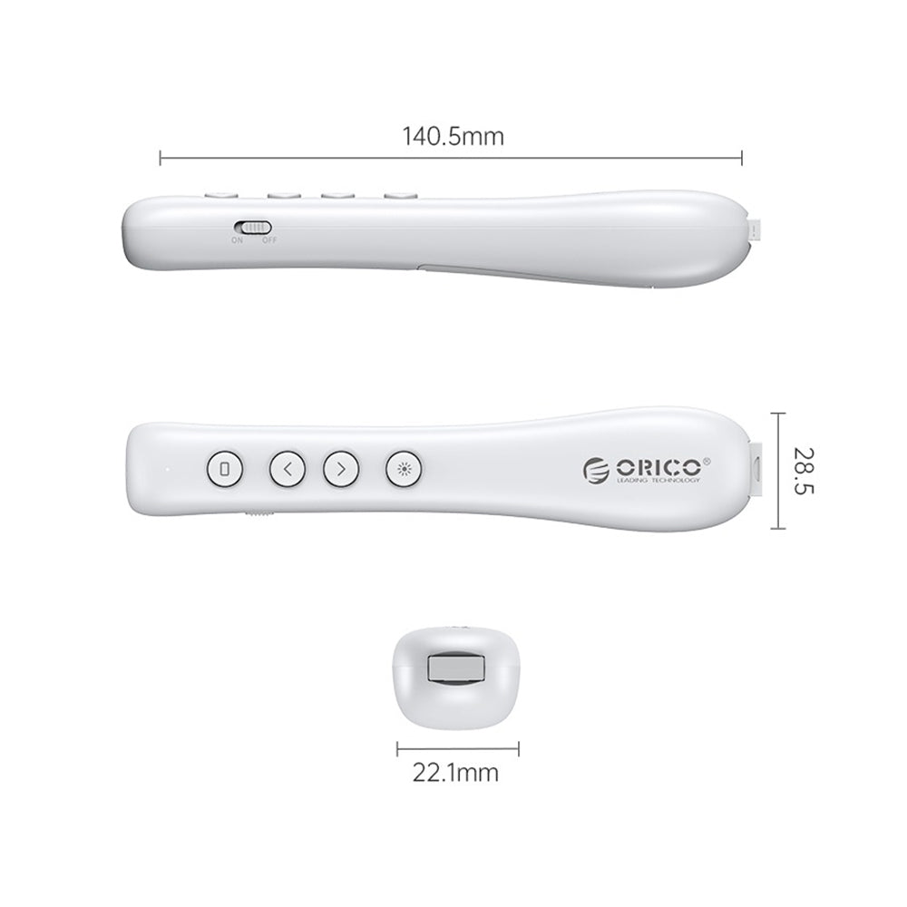[CLEARANCE] ORICO 2.4GHz Wireless Presentation Remote Clicker w/ Built-in Battery, 50m Control Range, 3R Class Laser, 360° Directiol Point, Magnetic USB Receiver for Windows, macOS, Linux, Android, Conference Presentation (Black, White)