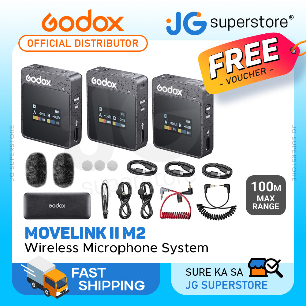 Godox MoveLink Series II M2 / M2 Wireless Omnidirectional Lavalier Microphone System with Clip-On Transmitter / Receiver (TX TX RX), with 8HR / 6HR Runtime, Built-In Rechargeable Batteries and Charging Case for Vlogging and Interviews | JG Sup