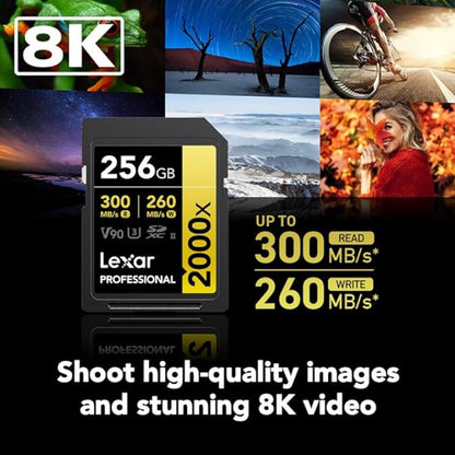 Lexar Professiol 256GB 2000x SDHC / SDXC UHS-II Memory Card GOLD Series U3, V90, 8K Video Full HD and 3D with up to 300MB/s Read / 260MB/s Write, Class 10 for Cameras and Other Devices