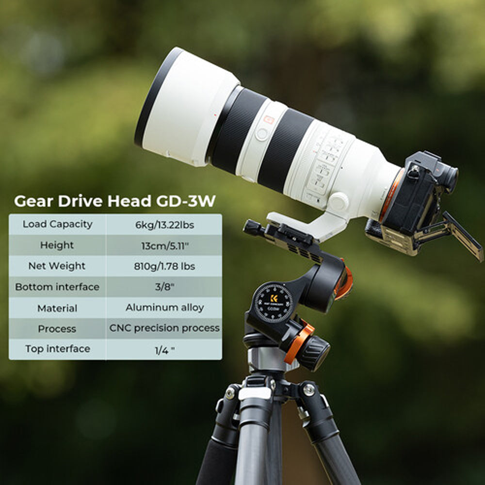K&F Concept 3 Way Geared Tripod Head Accessories with Arca-Swiss Quick Release Plate, High-Precision Micrometric Knobs, Aluminum Alloy, 6 kgs Max Load Capacity, 1/4"-20 Screw for Professional Photography, Video Recording & Content Creation