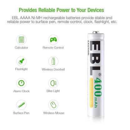 [CLEARANCE] EBL AAAA 1.2V Ni-MH 400mAh Rechargeable Batteries with Surface Pen (4pcs)