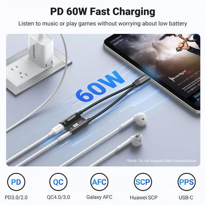 UGREEN 2 in 1 USB-C to 3.5mm Audio & Type C Charger Adapter Cable with 32bit/384kHz Aux and PD 60W Fast Charging for iPhone 16/15 Pro Max, MacBook Pro/Air, iPad Pro/Mini, SAMSUNG Galaxy S24 S23 Ultra, Pixel 9 - Smartphone & Tablets | CM721