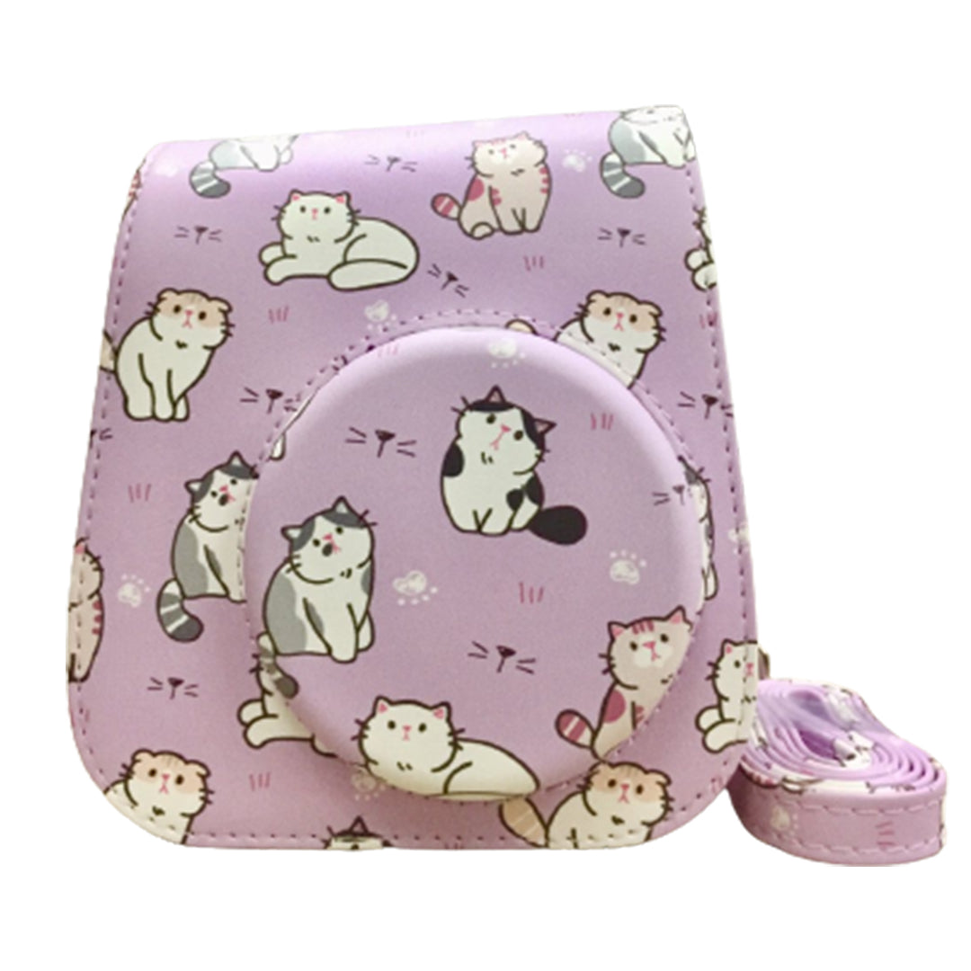 Pikxi BMP11 Fujifilm Instax Mini 11 Camera Leather Case Bag with Adjustable Shoulder Strap (Purple Cute Cat)