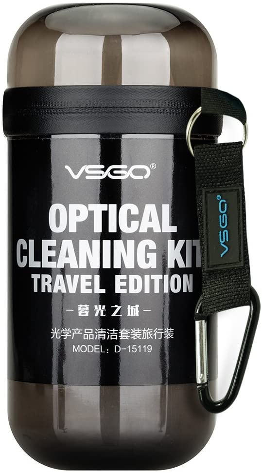 VSGO DKL-15G Camera Lens Cleaning Kits: Lens Cleaner, Lens Cleaning Pen, Microfiber Lens Cleaning Cloth, Air Blower, Wet Wipe, Suede Screen Cloth and Waterproof Bottle Container, Gray