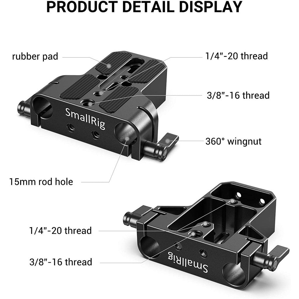 SmallRig Camera Base Plate with Dual 15mm Rod Rail Clamp for Camera and Cages - 1674