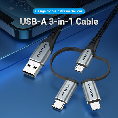 [CLEARANCE] Vention MFi 3 in 1 USB to Micro USB, Type-C, and Lightning Charging Cable for Smartphones (1.5M) | CQJHG
