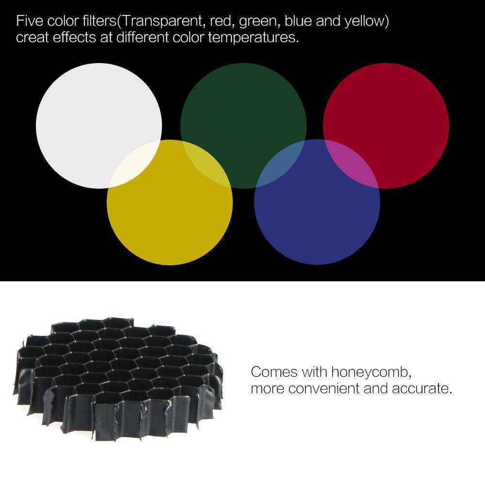 Pxel ST-6BL Metal Conical Snoot with Honeycomb Grid and Gel Filter Kit for Bowens Mount Studio Strobe Monolight Photography Flash