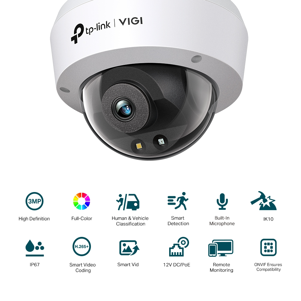 TP-Link VIGI C230 3MP Full-Color Dome Network CCTV Camera 2K QHD (2.8mm) Ceiling/Wall Mounting with Built-in Microphone, Human/Vehicle Classification, Smart Detection, IK10 Vandal Proof & IP67 Waterproof, 12V DC/PoE, Remote Monitoring