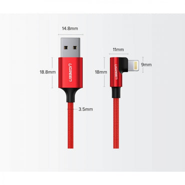 [CLEARANCE] UGREEN 1 Meter USB A 2.0 Male to Lightning Right Angle Nylon Aluminum Braided Fast Charging Cable with 480Mbps Data Transfer Speed for iPhone 11/11 Pro / 11 Pro Max / XS Max / XS / XR / X / 8/8, iPad Air / iPad mini / PRO - Red | 60555