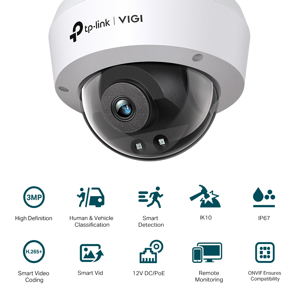 TP-Link VIGI C230I 3MP IR Dome Network CCTV Camera 2K QHD (2.8mm) Ceiling/Wall Mounting with Human/Vehicle Classification, Smart Detection, IK10 Vandal Proof & IP67 Waterproof, 12V DC/PoE, Remote Monitoring
