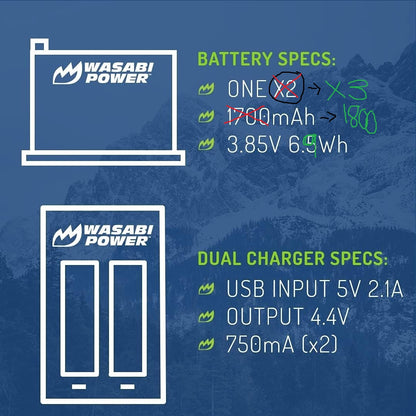 Wasabi Power Rechargeable Battery (2-Pack) 3.85V 1800mAh with USB Dual Charger Kit for Insta360 X3 Camera