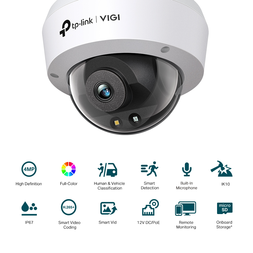 TP-Link VIGI C240 4MP Full-Color Dome Network CCTV Camera 2K QHD (2.8mm) Ceiling/Wall Mounting with Built-in Microphone, Human/Vehicle Smart Detection, IK10 Vandal Proof & IP67 Waterproof, 12V DC/PoE, microSD Memory, Remote Monitoring