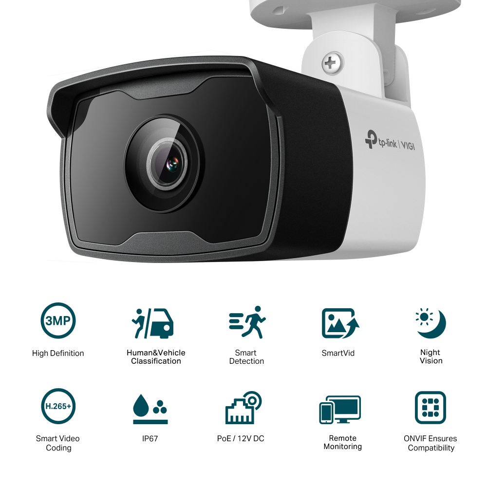 TP-Link VIGI C330I 3MP Outdoor IR Bullet Network CCTV Camera 2K QHD (2.8mm) Ceiling/Wall/Pole Mounting with Night Vision, Human/Vehicle Classification, Smart Detection, Smart Video, IP67 Waterproof, 12V DC/PoE, Remote Monitoring