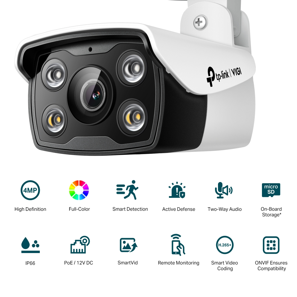 TP-Link VIGI C340-W 4MP Outdoor Full-Color Wi-Fi Bullet Network CCTV Camera 2K QHD (4mm) Ceiling/Wall/Pole with Up to 150Mbps 2x2 MIMO Wireless Transmission, Two-Way Audio Human/Vehicle Smart Detection, IP66 Waterproof, microSD Memory