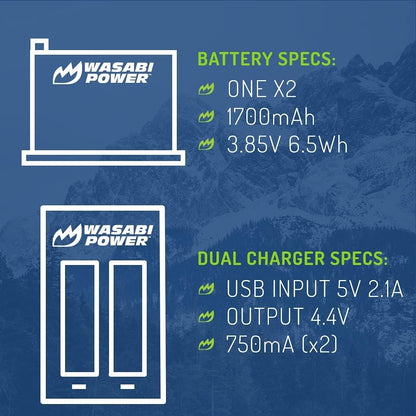 Wasabi Power Rechargeable Battery (2-Pack) 3.85V 1700mAh with USB Dual Charger Kit for Insta360 ONE X2 Camera