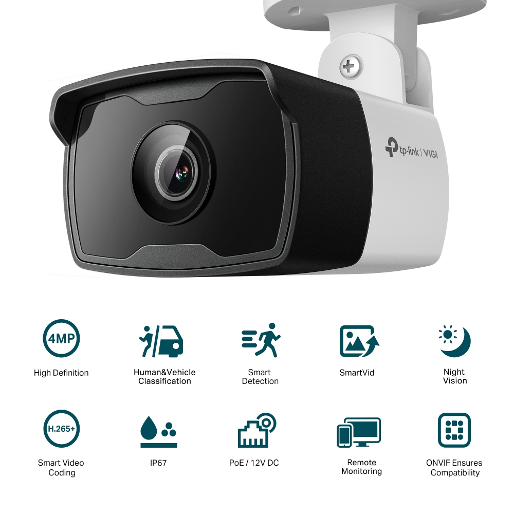 TP-Link VIGI C340I 4MP Outdoor IR Bullet Network CCTV Camera 2K QHD (2.8mm) Ceiling/Wall/Pole Mounting with Night Vision, Human/Vehicle Classification, Smart Detection, Smart Video, IP67 Waterproof, 12V DC/PoE, Remote Monitoring