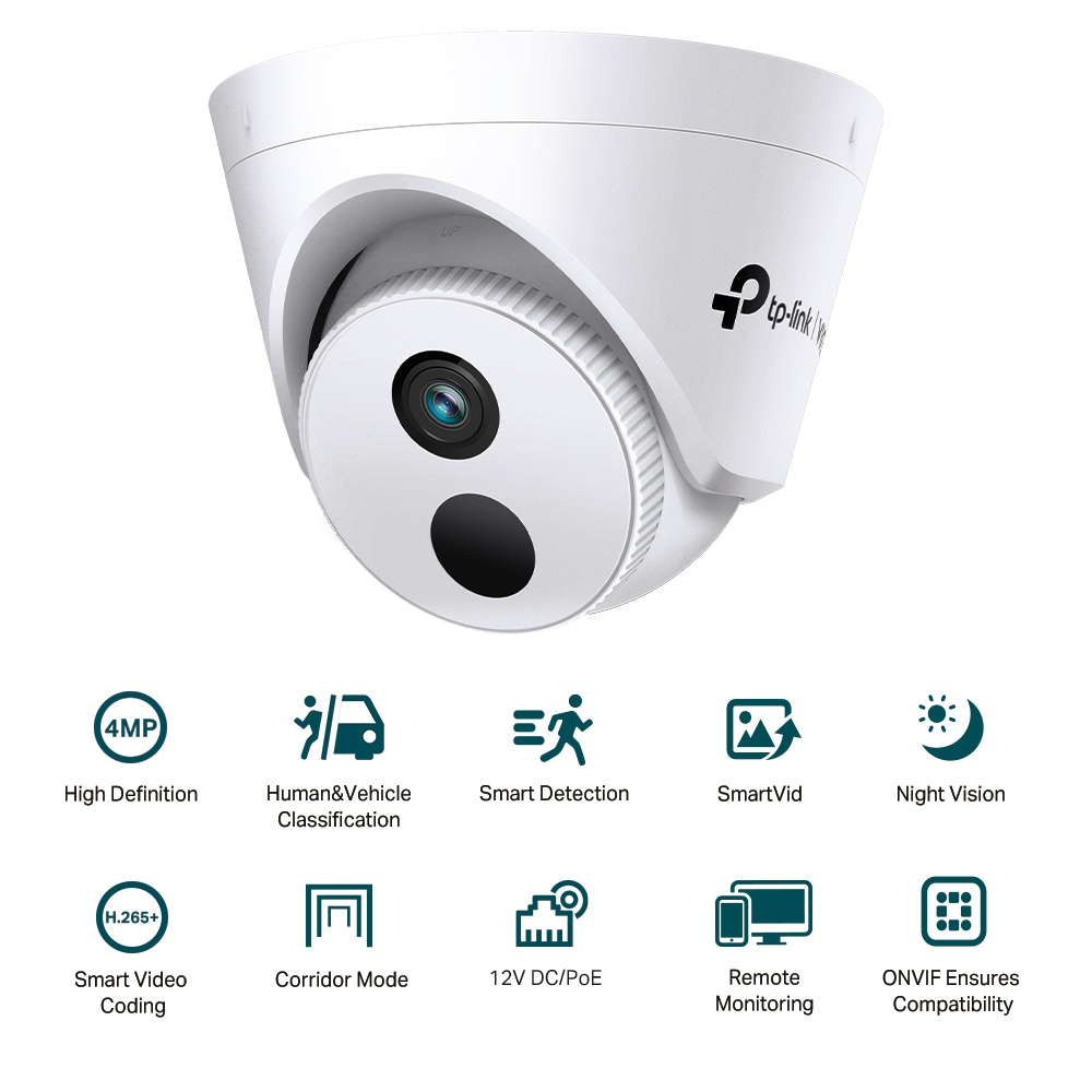 TP-Link VIGI C440I 4MP IR Turret Network CCTV Camera 2K QHD (4mm) Ceiling/Wall Mounting with Night Vision, Human/Vehicle Classification, Smart Detection, Corridor Mode, Remote Monitoring, Smart Vid, PoE/12V DC