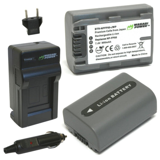 Wasabi Power NP-FP50 Batteries (900mAh) and Charger with Car Charging Cable and US to EU Plug Adapter for Select Sony Cameras - Battery Replaces SONY NPFP50