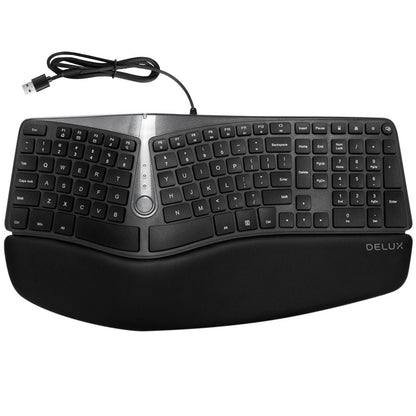 [CLEARANCE] Delux GM901U 107 Keys Wired Ergonomic Split Membrane Keyboard with Built-in Curved Pillowed Wrist Rest, 2 USB Ports, and 12 Multimedia Shortcut Buttons for Windows, macOS, PC, Laptop (Black)
