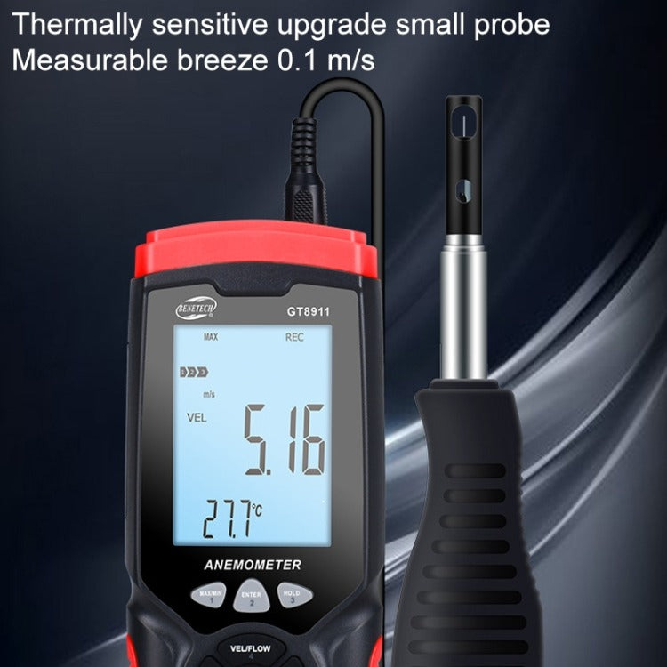Benetech GT8911 Digital Hot Wire Anemometer Thermal Transducer with Retractable Flexible Gooseneck Rod, Built-In Battery, USB Output, Temperature and Humidity Data Logging